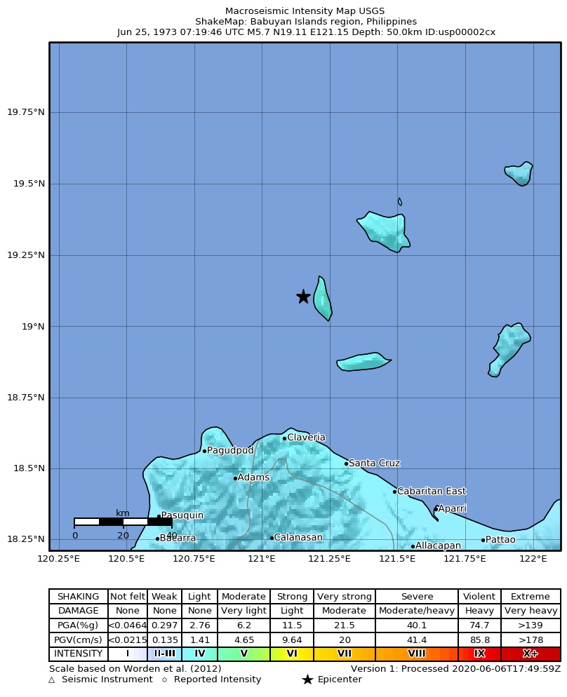 USGS ShakeMap: estimated shaking intensity around the epicenter