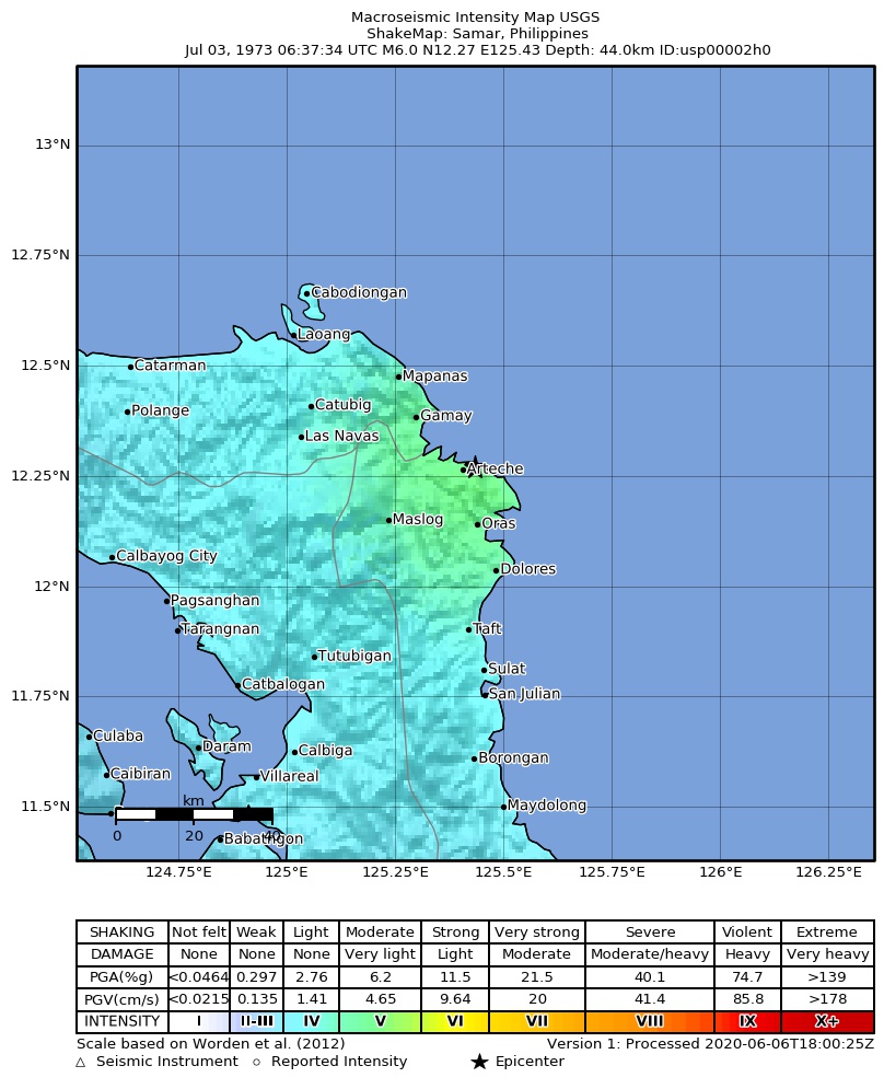 USGS ShakeMap: estimated shaking intensity around the epicenter