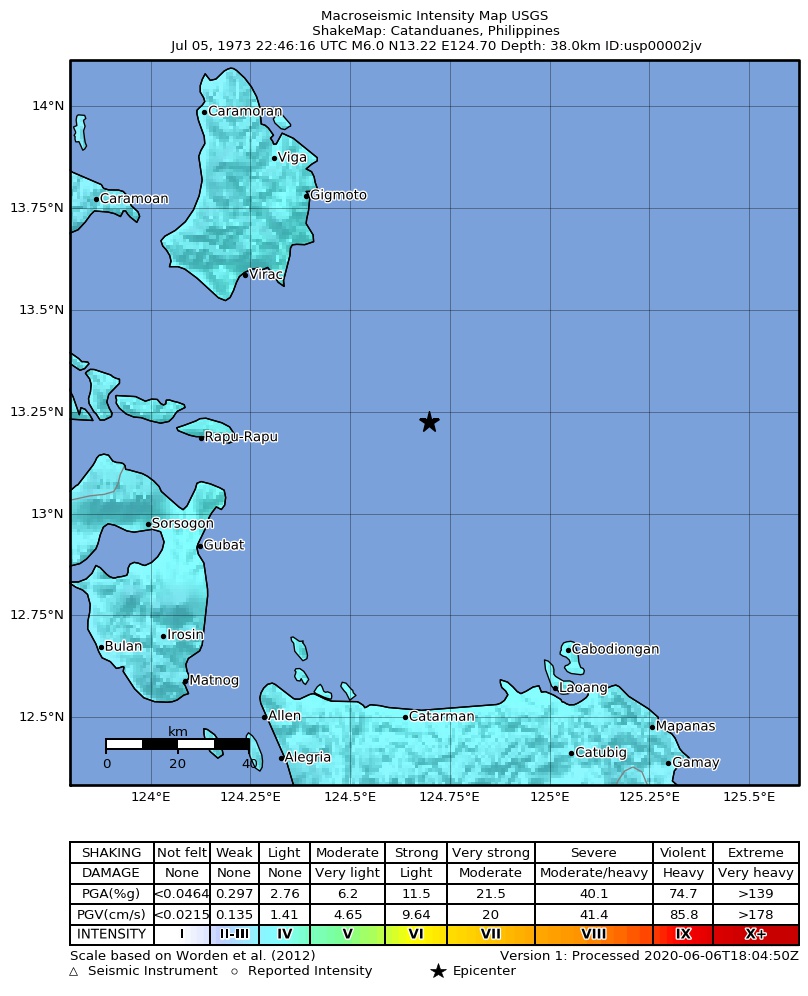 USGS ShakeMap: estimated shaking intensity around the epicenter