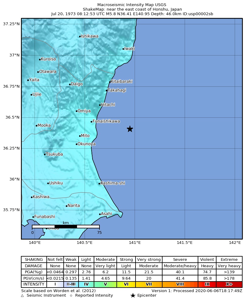 USGS ShakeMap: estimated shaking intensity around the epicenter