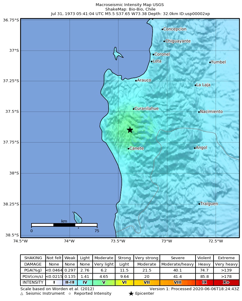 USGS ShakeMap: estimated shaking intensity around the epicenter