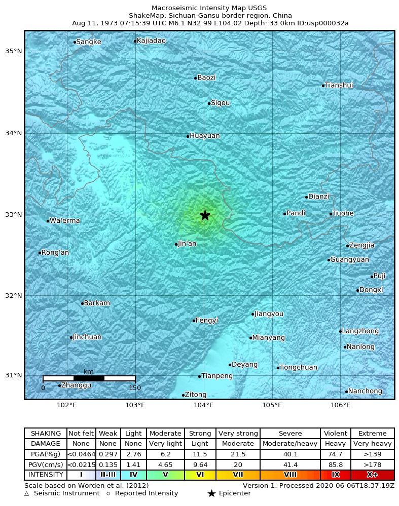 USGS ShakeMap: estimated shaking intensity around the epicenter