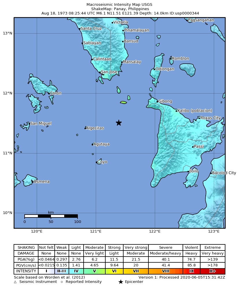 USGS ShakeMap: estimated shaking intensity around the epicenter