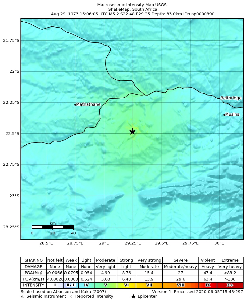 USGS ShakeMap: estimated shaking intensity around the epicenter