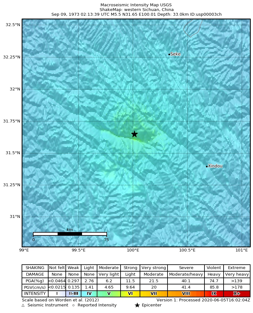 USGS ShakeMap: estimated shaking intensity around the epicenter