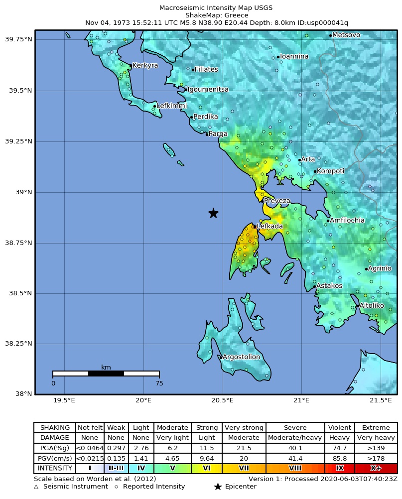 USGS ShakeMap: estimated shaking intensity around the epicenter