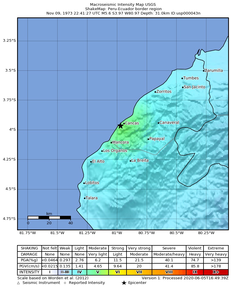 USGS ShakeMap: estimated shaking intensity around the epicenter
