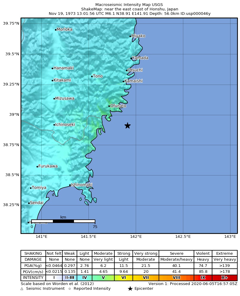USGS ShakeMap: estimated shaking intensity around the epicenter