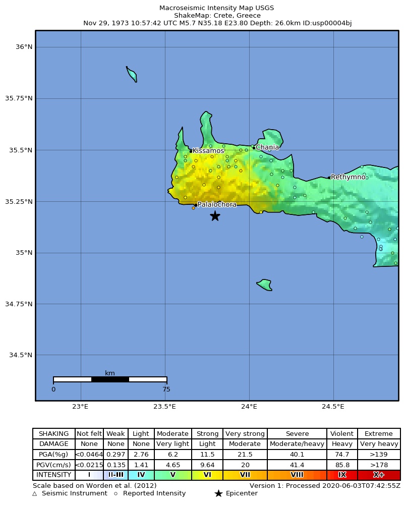 USGS ShakeMap: estimated shaking intensity around the epicenter