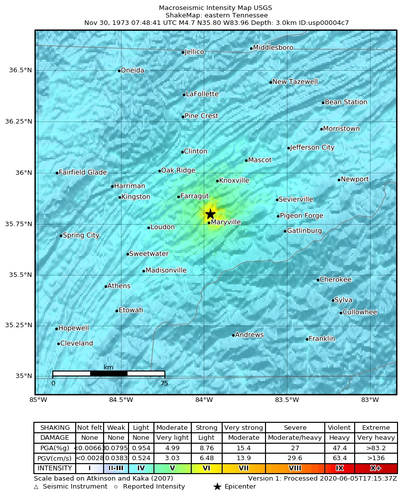 USGS ShakeMap: estimated shaking intensity around the epicenter