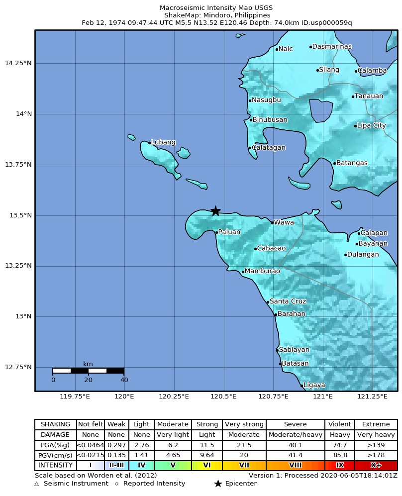 USGS ShakeMap: estimated shaking intensity around the epicenter