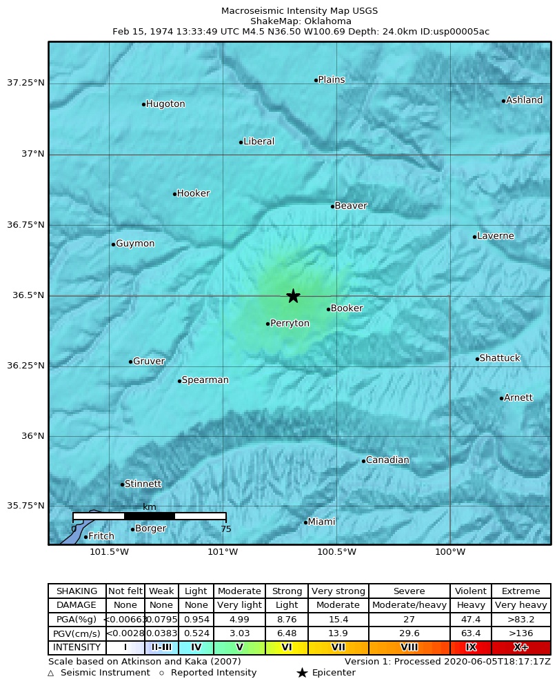 USGS ShakeMap: estimated shaking intensity around the epicenter