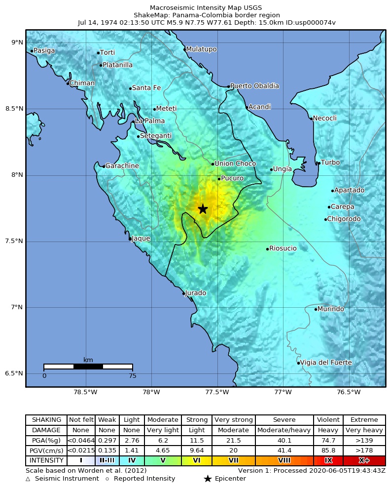 USGS ShakeMap: estimated shaking intensity around the epicenter
