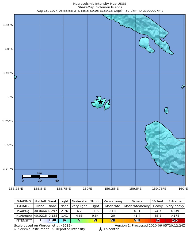 USGS ShakeMap: estimated shaking intensity around the epicenter