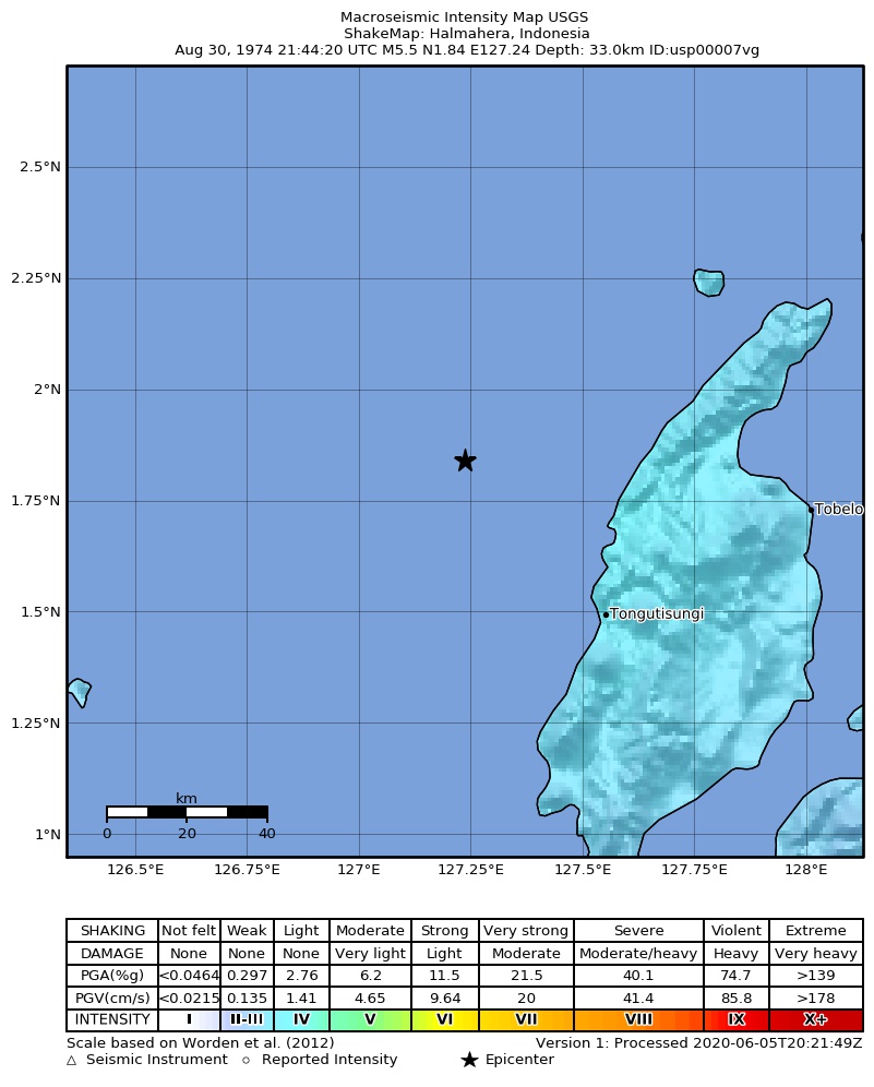 USGS ShakeMap: estimated shaking intensity around the epicenter