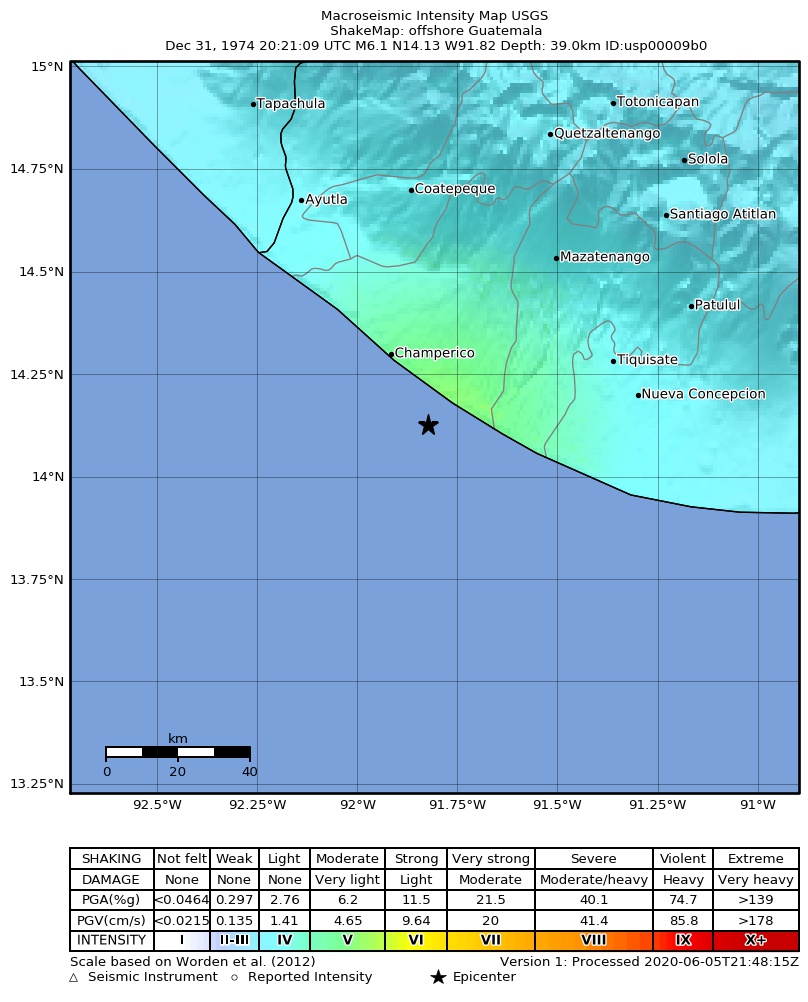 USGS ShakeMap: estimated shaking intensity around the epicenter