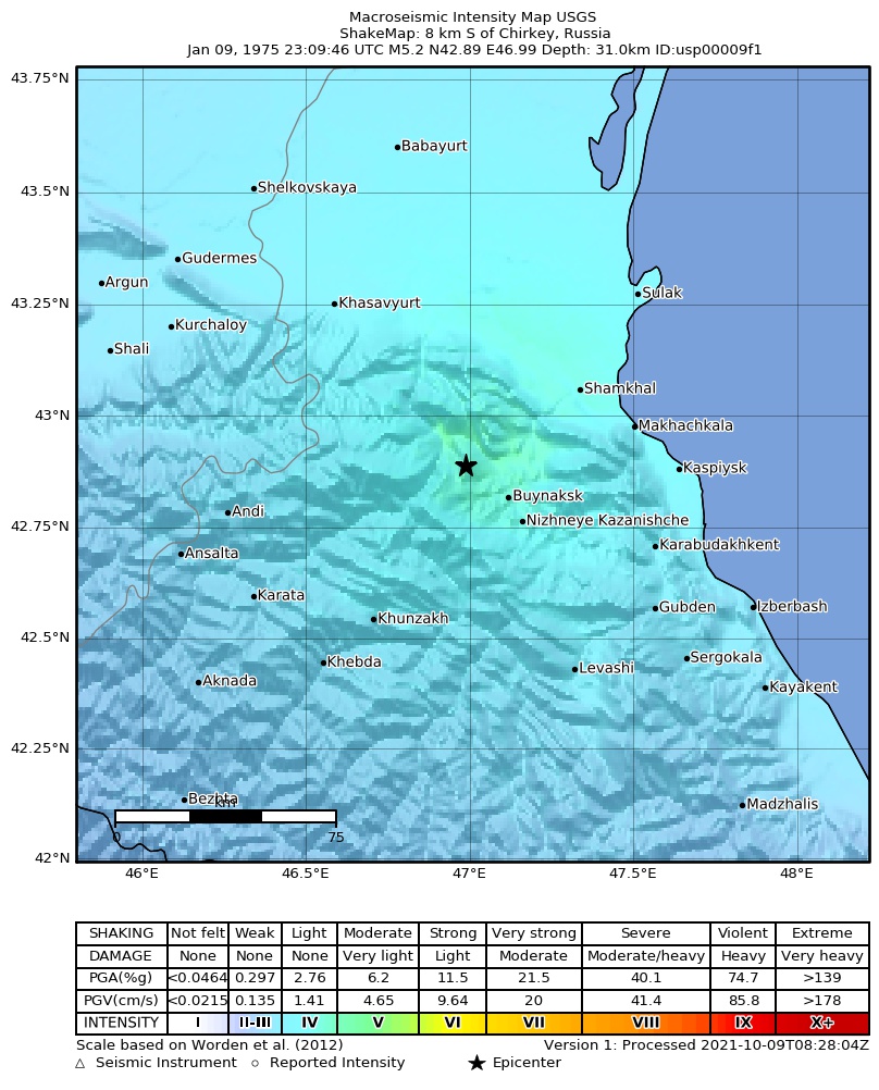 USGS ShakeMap: estimated shaking intensity around the epicenter