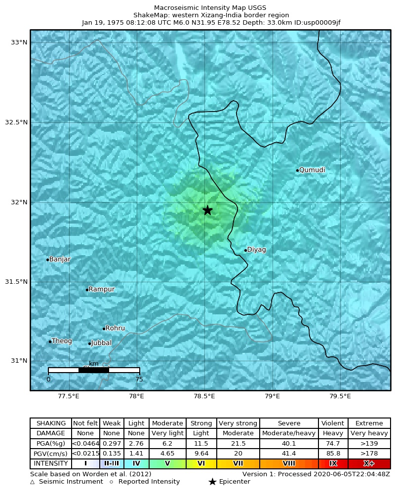 USGS ShakeMap: estimated shaking intensity around the epicenter