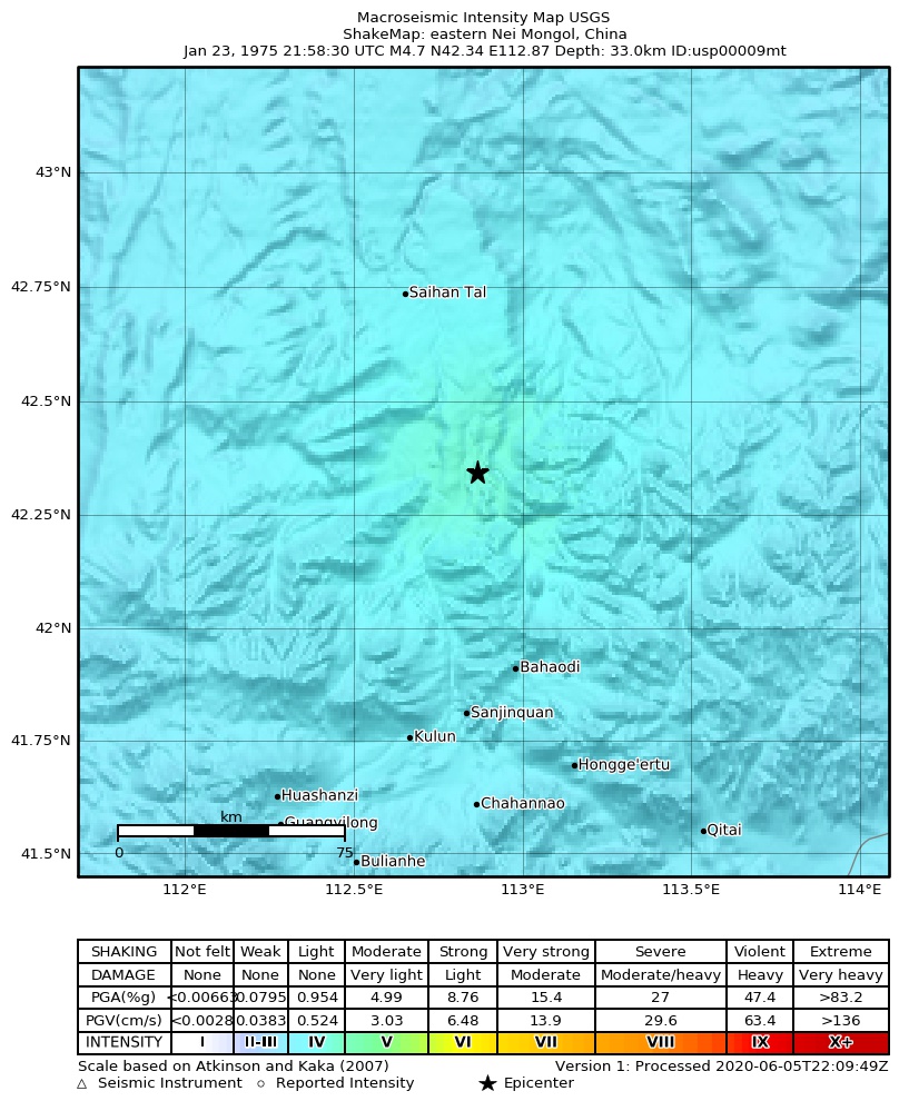 USGS ShakeMap: estimated shaking intensity around the epicenter
