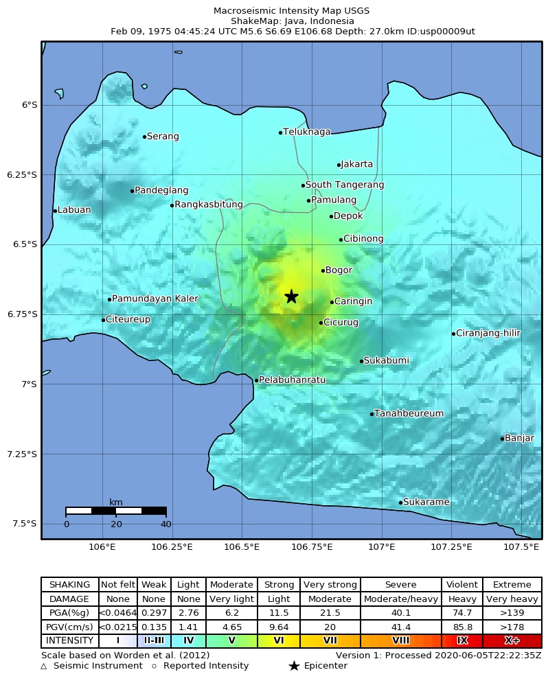 USGS ShakeMap: estimated shaking intensity around the epicenter