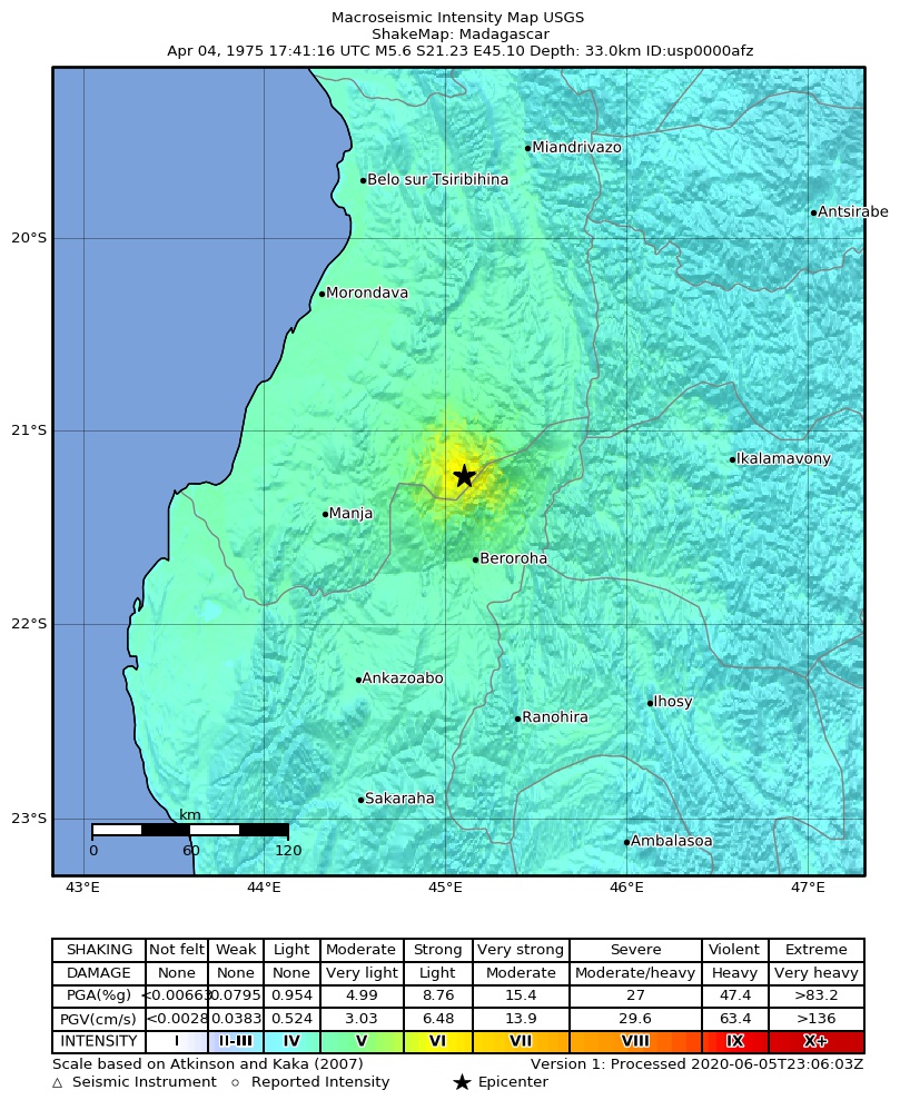 USGS ShakeMap: estimated shaking intensity around the epicenter