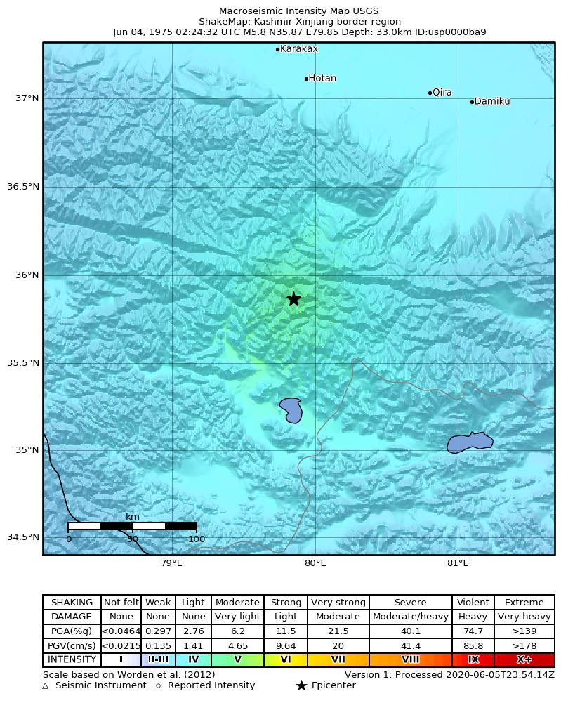 USGS ShakeMap: estimated shaking intensity around the epicenter