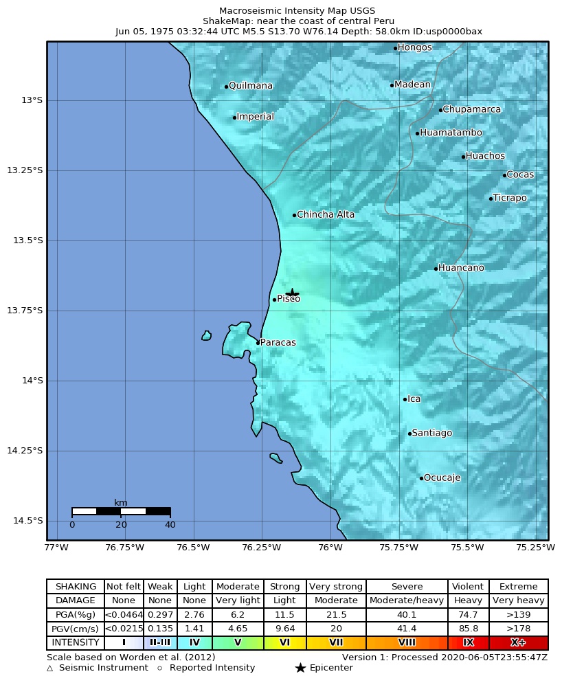 USGS ShakeMap: estimated shaking intensity around the epicenter