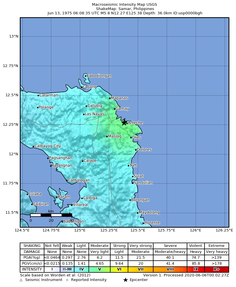 USGS ShakeMap: estimated shaking intensity around the epicenter