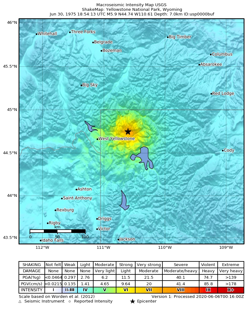 USGS ShakeMap: estimated shaking intensity around the epicenter