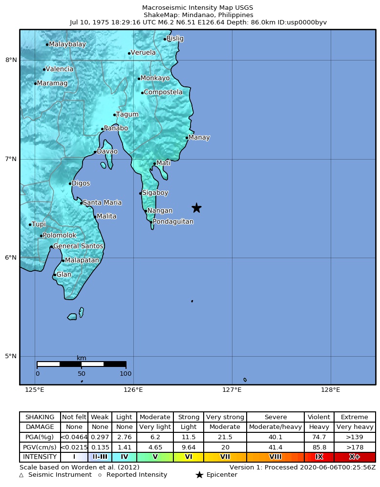 USGS ShakeMap: estimated shaking intensity around the epicenter