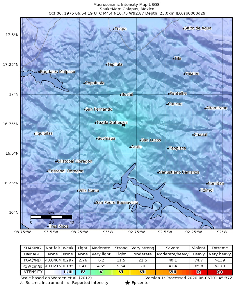 USGS ShakeMap: estimated shaking intensity around the epicenter