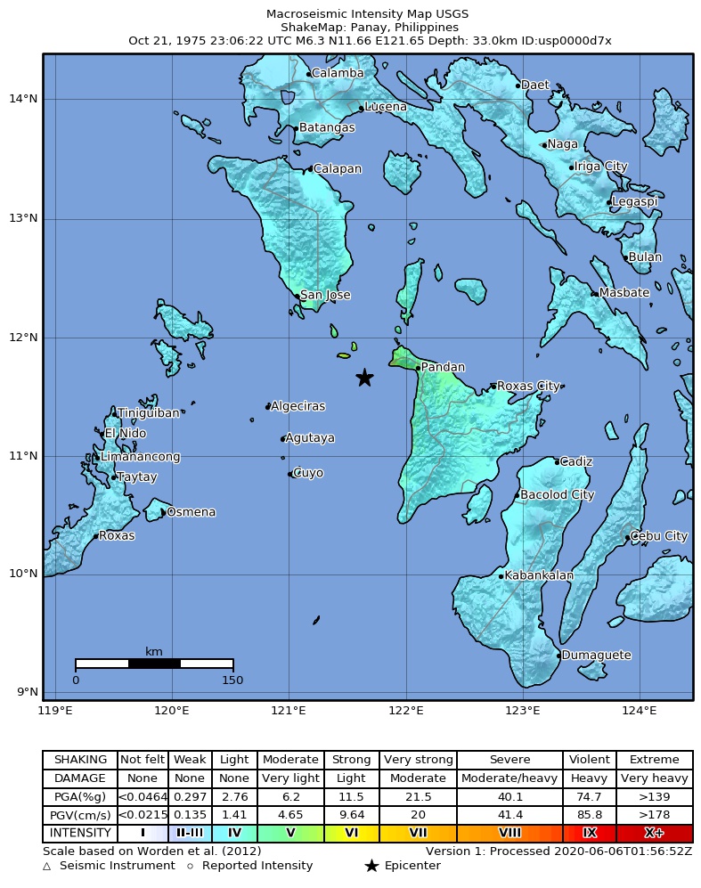USGS ShakeMap: estimated shaking intensity around the epicenter