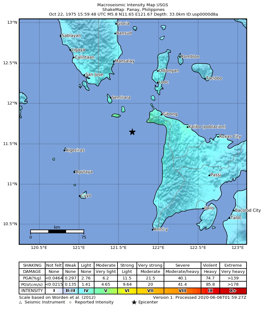 USGS ShakeMap: estimated shaking intensity around the epicenter