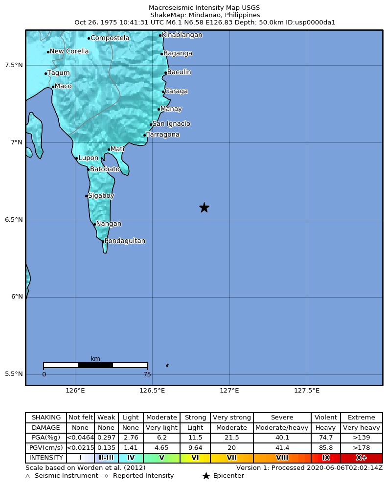 USGS ShakeMap: estimated shaking intensity around the epicenter