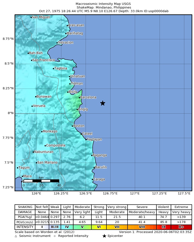 USGS ShakeMap: estimated shaking intensity around the epicenter