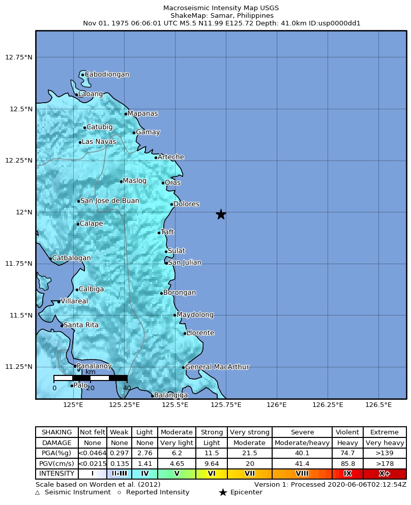 USGS ShakeMap: estimated shaking intensity around the epicenter