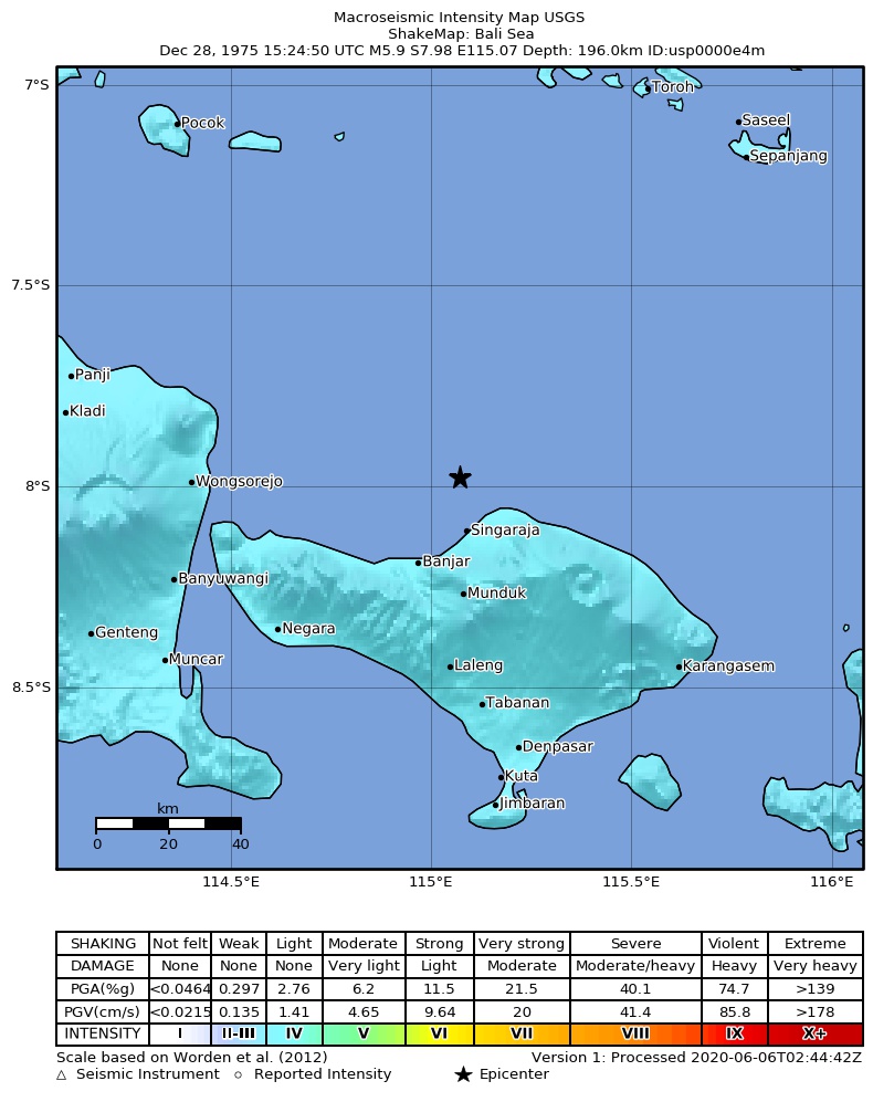 USGS ShakeMap: estimated shaking intensity around the epicenter