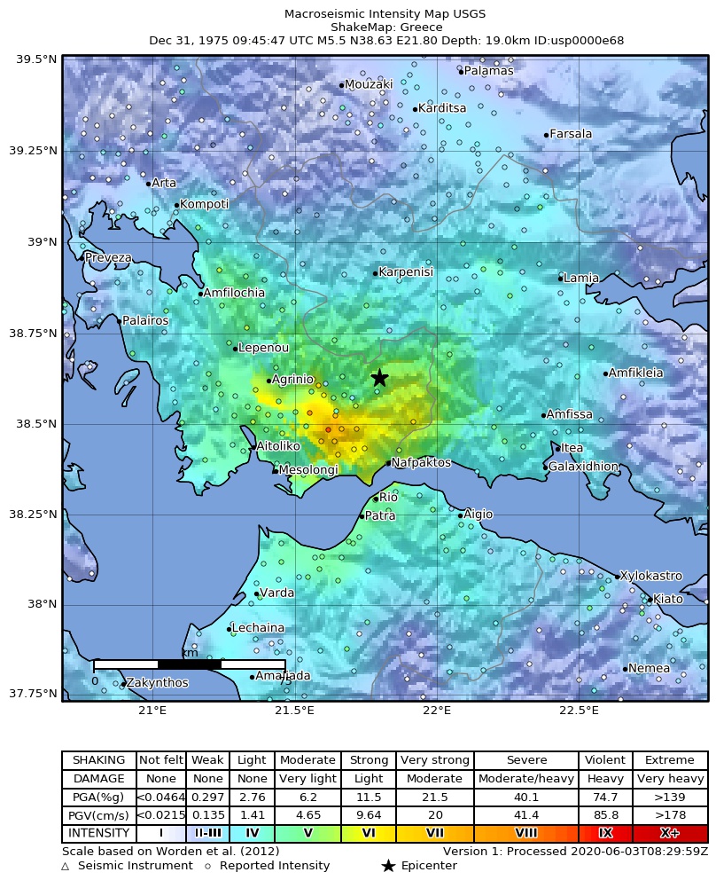 USGS ShakeMap: estimated shaking intensity around the epicenter