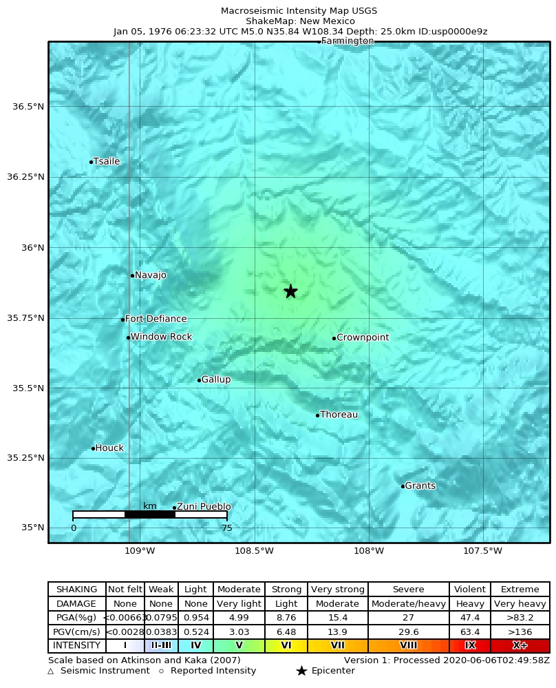 USGS ShakeMap: estimated shaking intensity around the epicenter