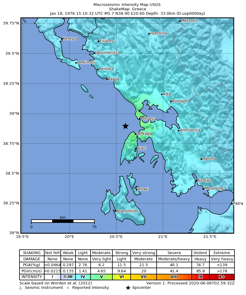 USGS ShakeMap: estimated shaking intensity around the epicenter