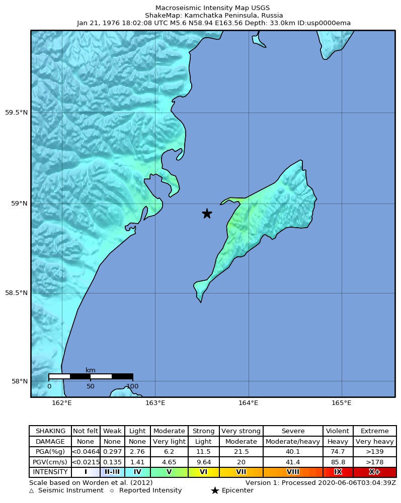 USGS ShakeMap: estimated shaking intensity around the epicenter