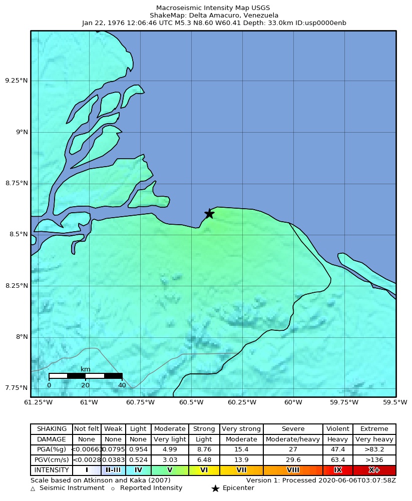USGS ShakeMap: estimated shaking intensity around the epicenter