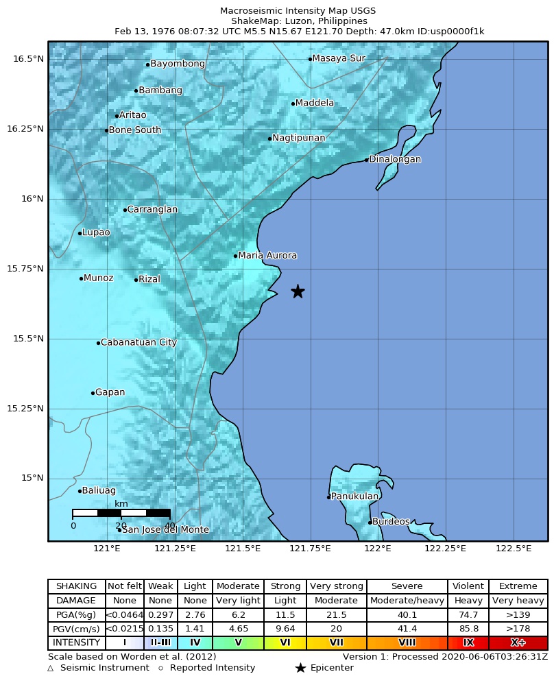 USGS ShakeMap: estimated shaking intensity around the epicenter