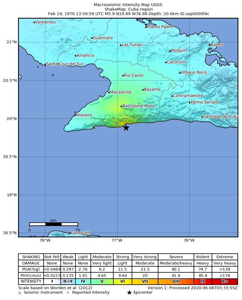 USGS ShakeMap: estimated shaking intensity around the epicenter