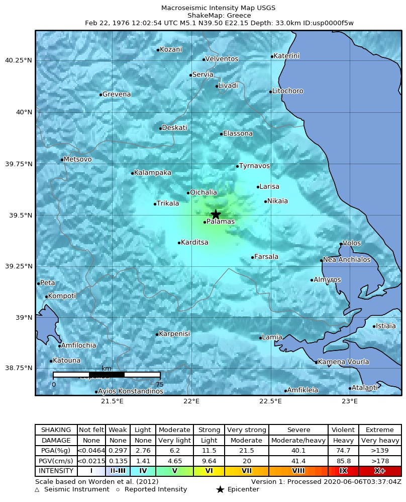 USGS ShakeMap: estimated shaking intensity around the epicenter