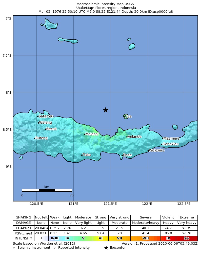 USGS ShakeMap: estimated shaking intensity around the epicenter