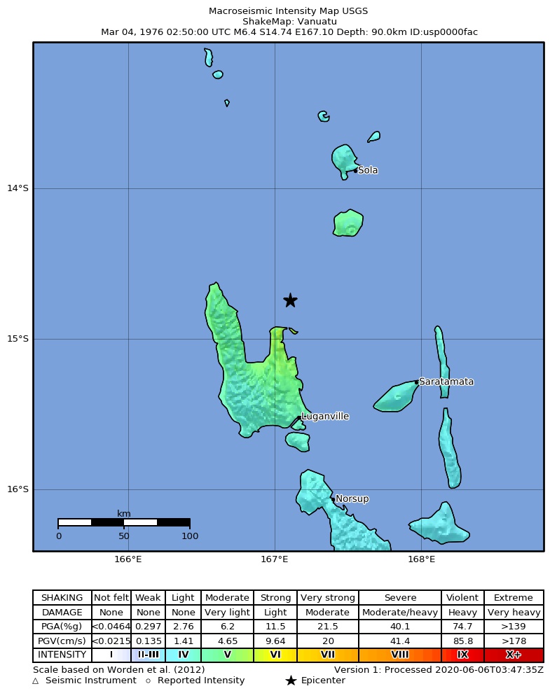 USGS ShakeMap: estimated shaking intensity around the epicenter