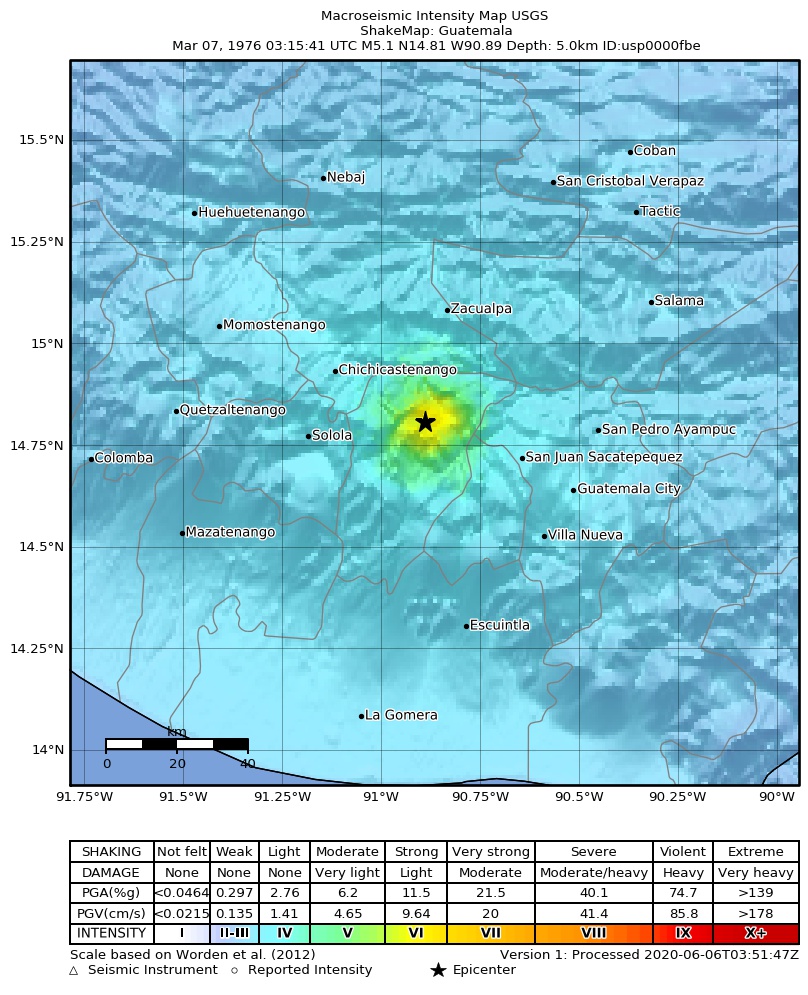 USGS ShakeMap: estimated shaking intensity around the epicenter