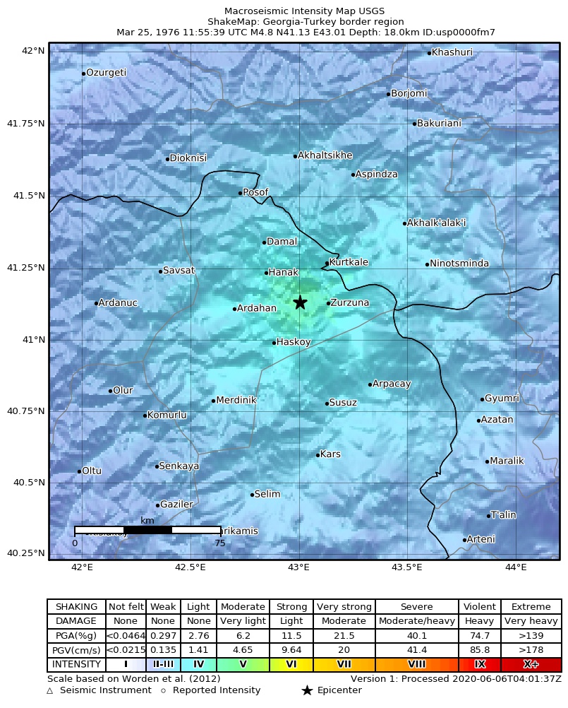 USGS ShakeMap: estimated shaking intensity around the epicenter