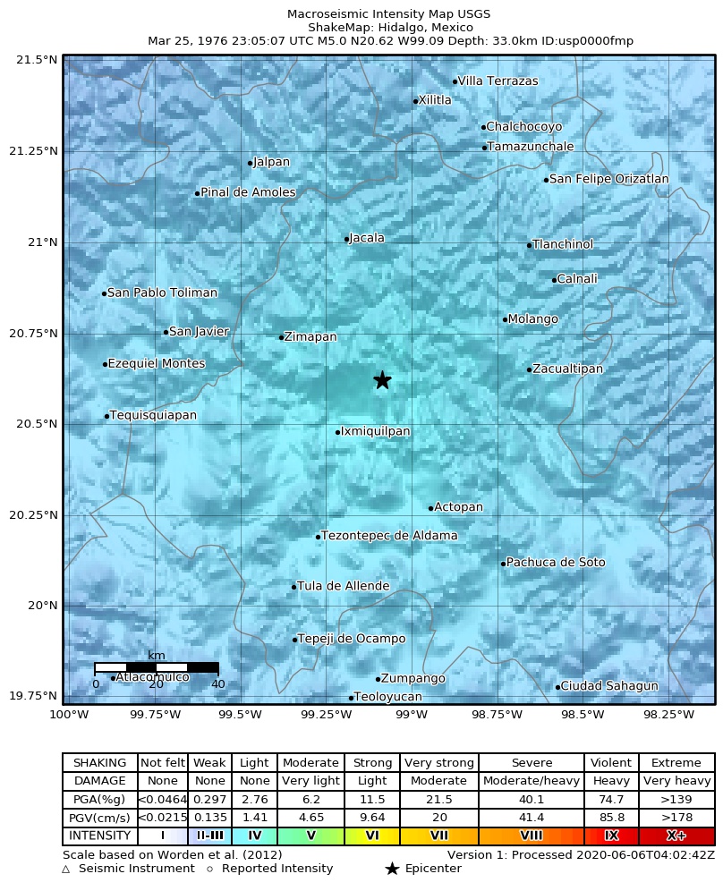 USGS ShakeMap: estimated shaking intensity around the epicenter
